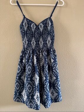 Blue Patterned Smocked Mini Dress XS